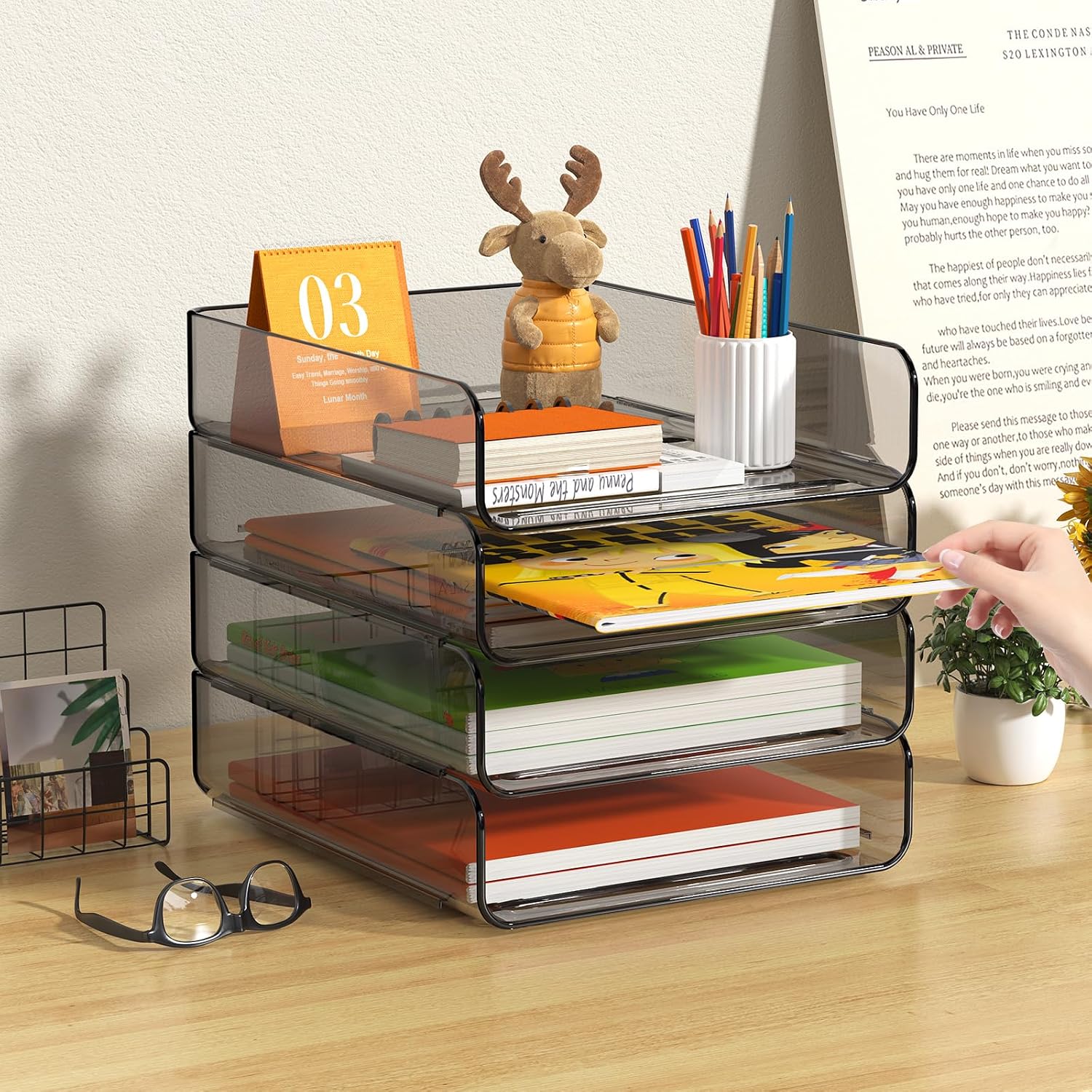 4-Tier Acrylic Paper Tray Organizer / Brown / 12.6 x 9.6 x 11