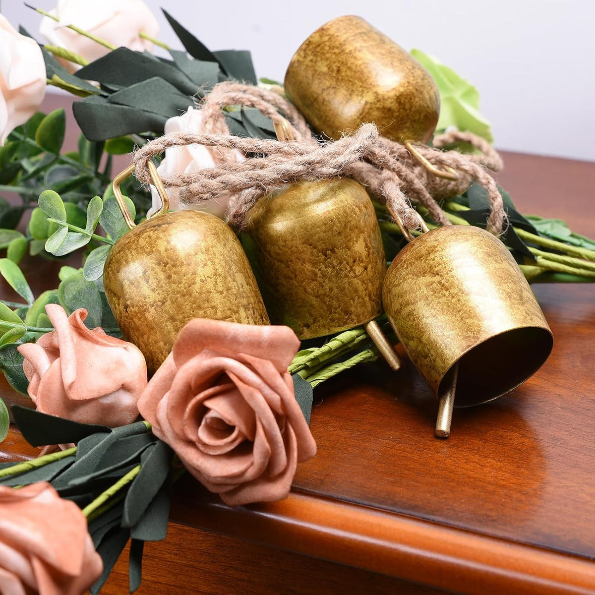 2 Pack Gold Metal Vintage Bells with Jute Hanging Rope