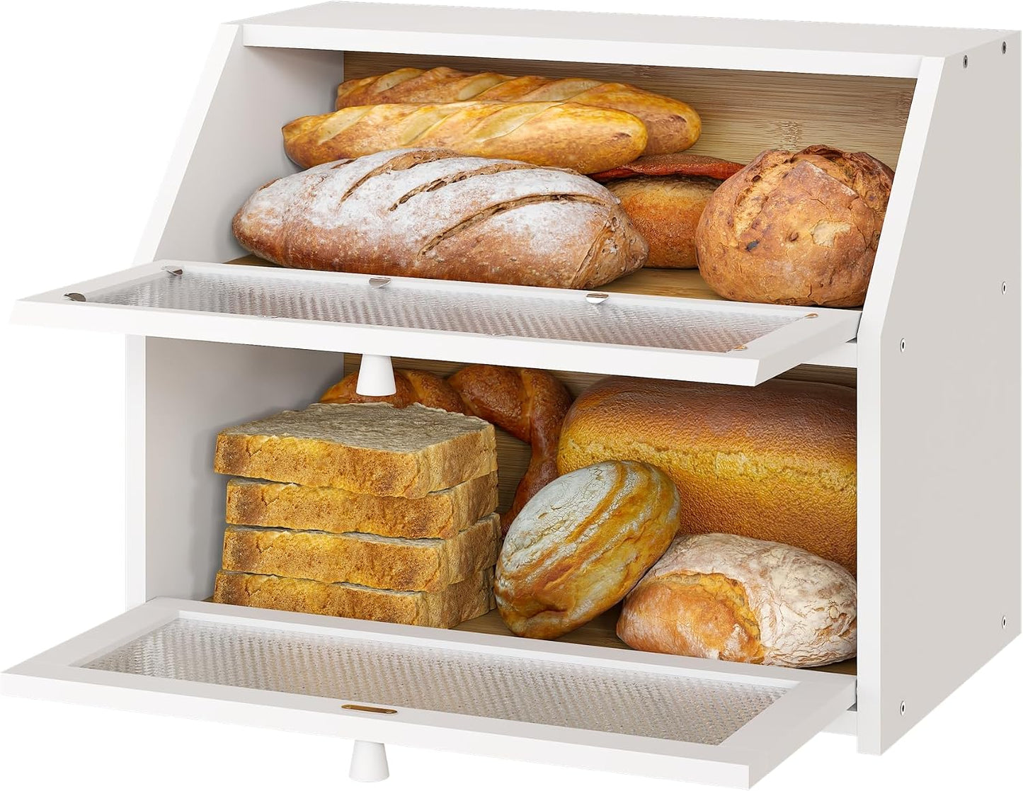 White Bread Box, Bamboo Wood Bread Box for Kitchen Counter, Double-layer Bread Storage Bin, Acrylic glass with Diamond