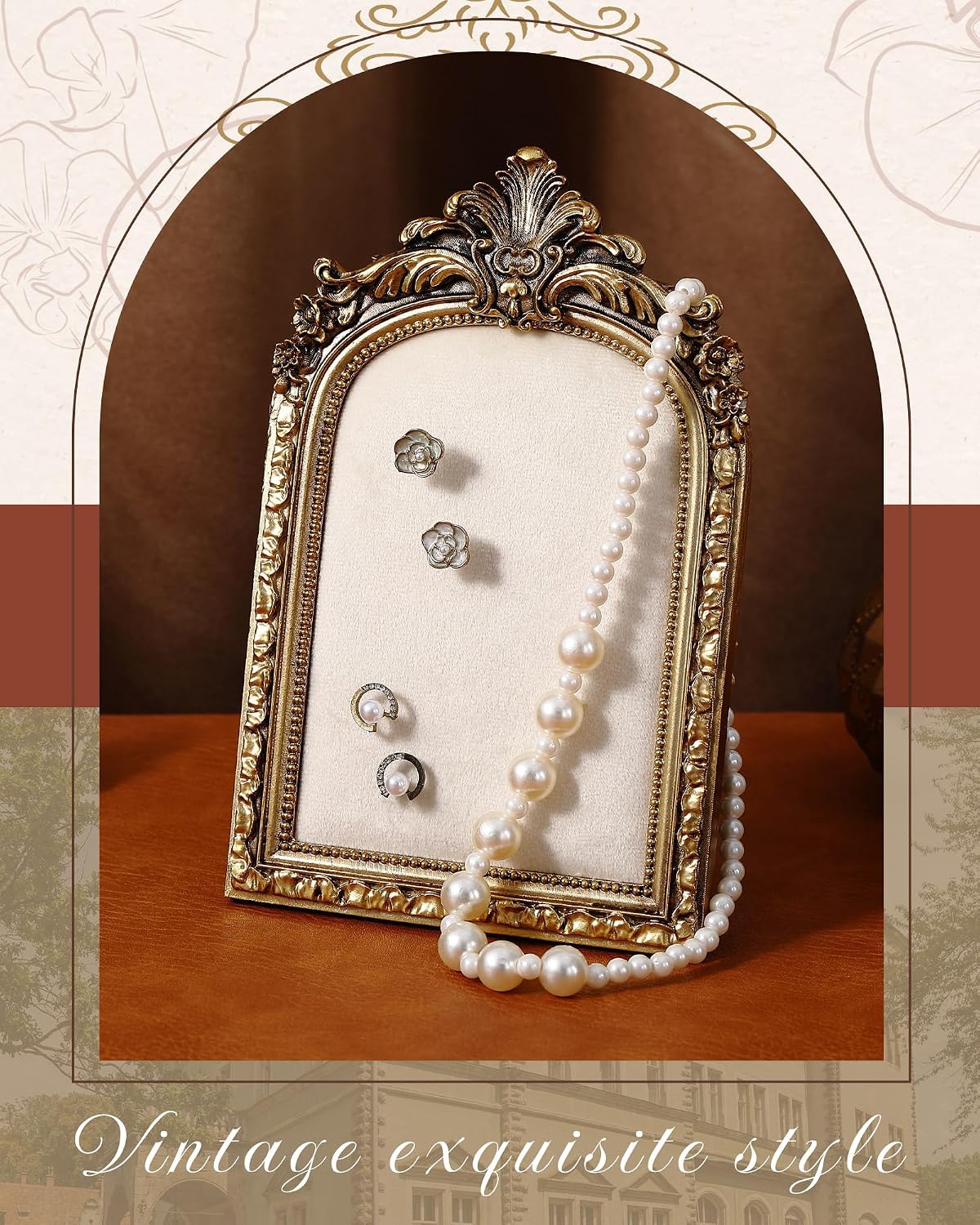 Vintage Jewelry Display Frame Gold Arch Ring Holder Baroque Necklace / 7.4 x 4.5 / Flower / White