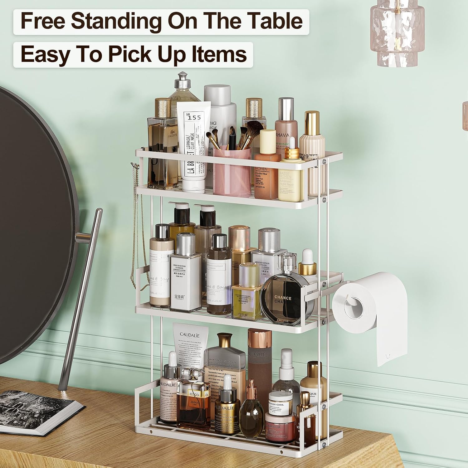 3-Tier Over Toilet Storage Shelf, Wall-Mount with 2 Hook/Paper Rack | Bathroom Organizers and Storage Cabinet