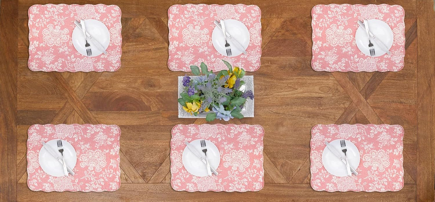 C&F Home Thea Pink Floral 100% Cotton Quilted Vintage Set of 6 Placemats, 13" x 19" All Seasons Spring Valentine's Day