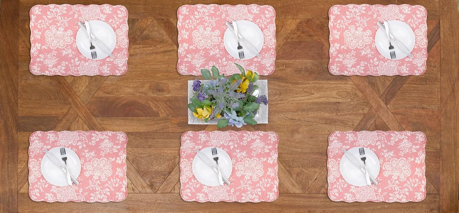 C&F Home Thea Pink Floral 100% Cotton Quilted Vintage Set of 6 Placemats, 13" x 19" All Seasons Spring Valentine's Day