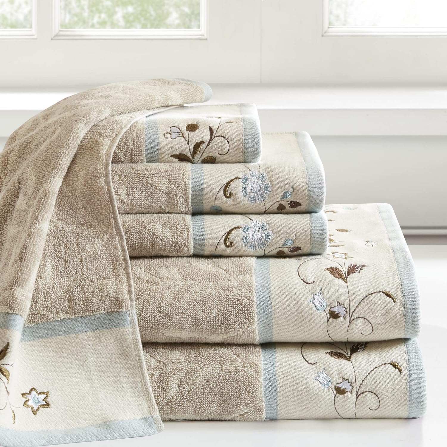 Madison Park Serene 100% Cotton Bath Towel Set Luxurious Floral Decorative Towels for Bathroom Embroidered Cotton