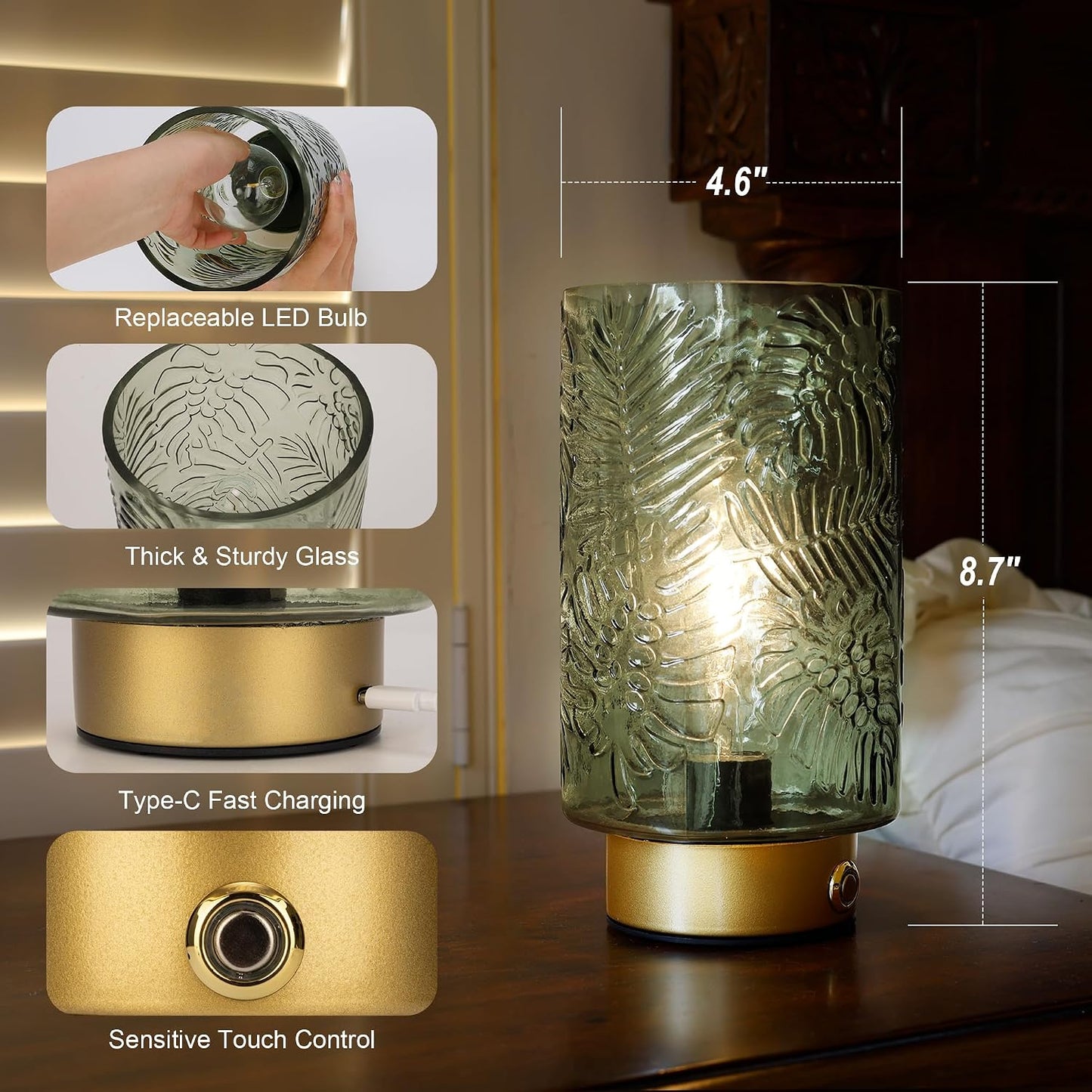 ULAROOM Cordless Lamp Rechargeable Battery Operated lamp, Glass Table Lamp Remote Control - Dimmable Brightness Touch