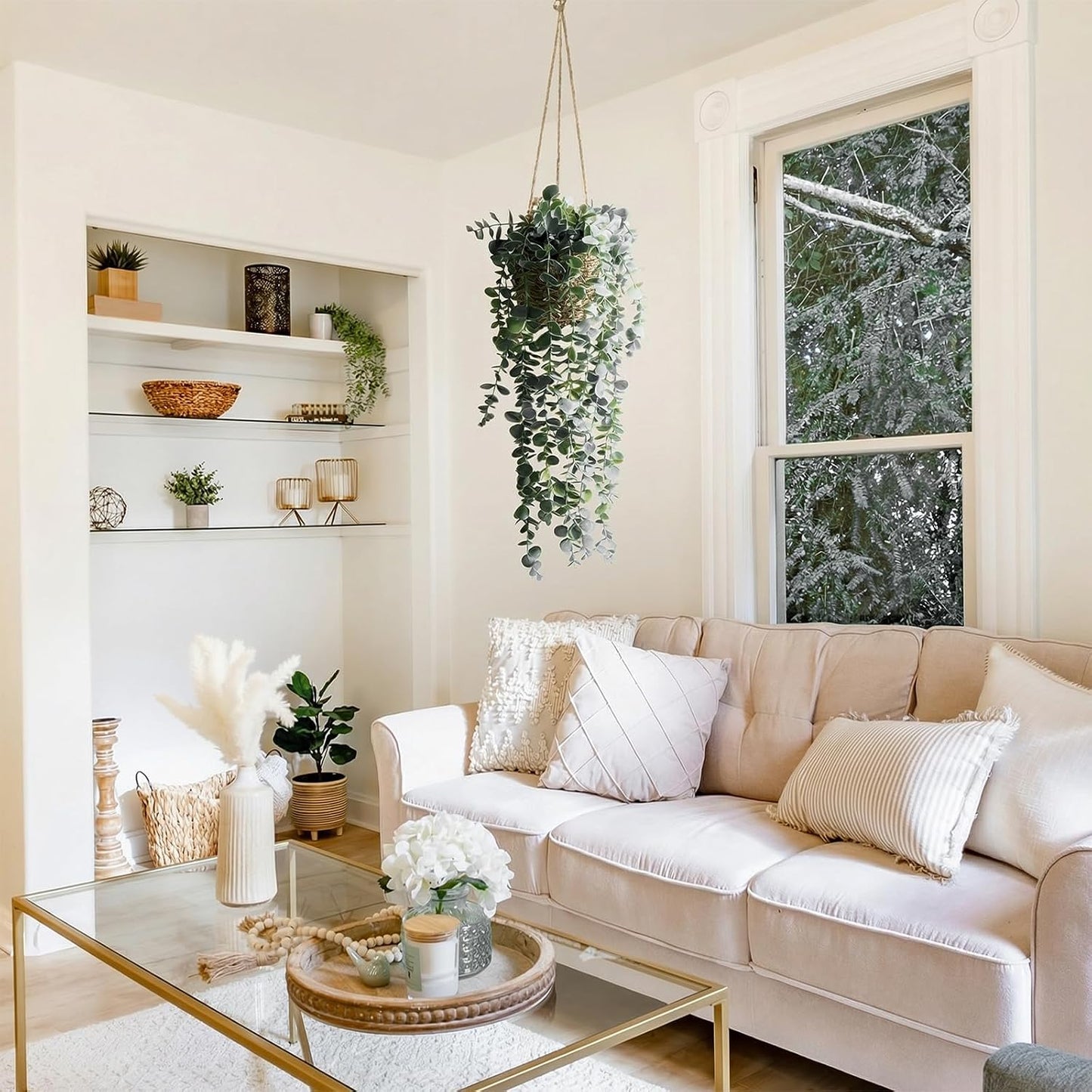 Artificial Hanging Plants in Woven Basket / Full