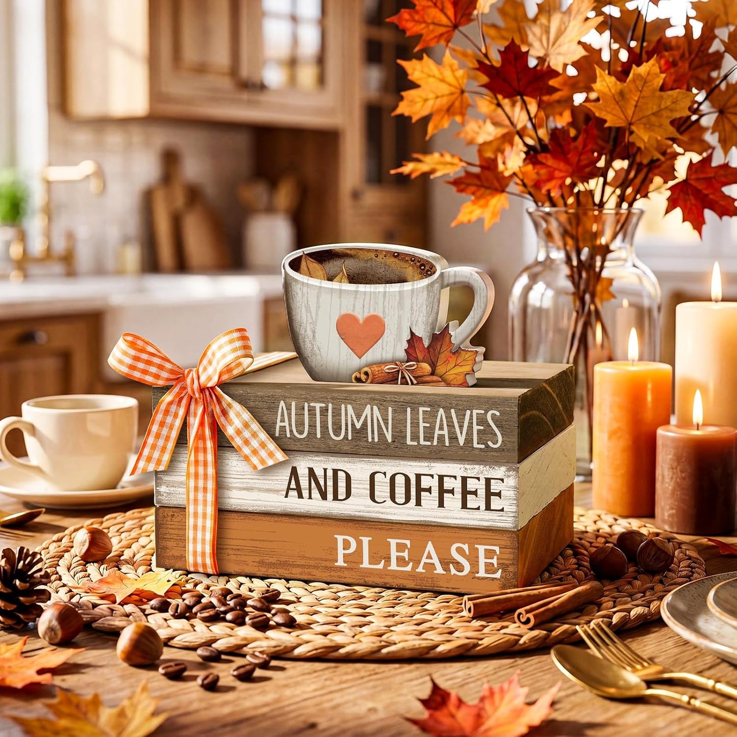 Tiered Tray Decor Rustic Decorative Mini Wooden Faux Book Stack Autumn Maple Leaf / Fall / Set of 4