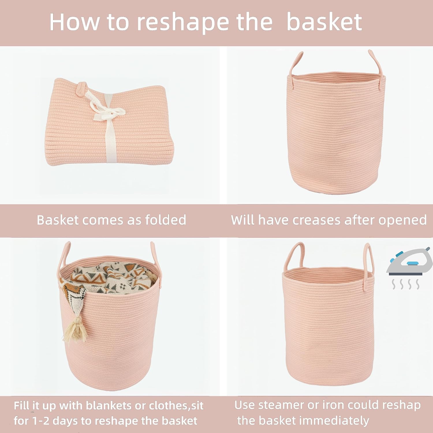 Cotton Rope Laundry Basket Hamper for Clothes Woven Storage Basket / Coral Pink / Regular