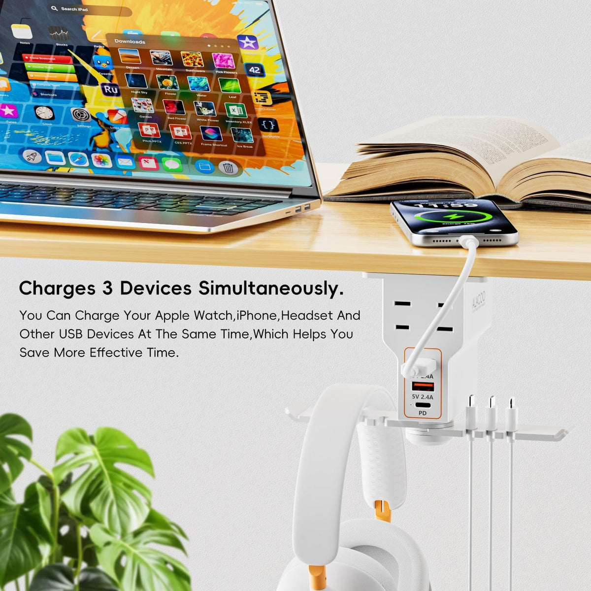 Multi-Function Desk Headphone Hanger Hook Gaming Office | 2 USB, 1 Type-C, 2 AC Outlets Desk Hook Holds Headsets &
