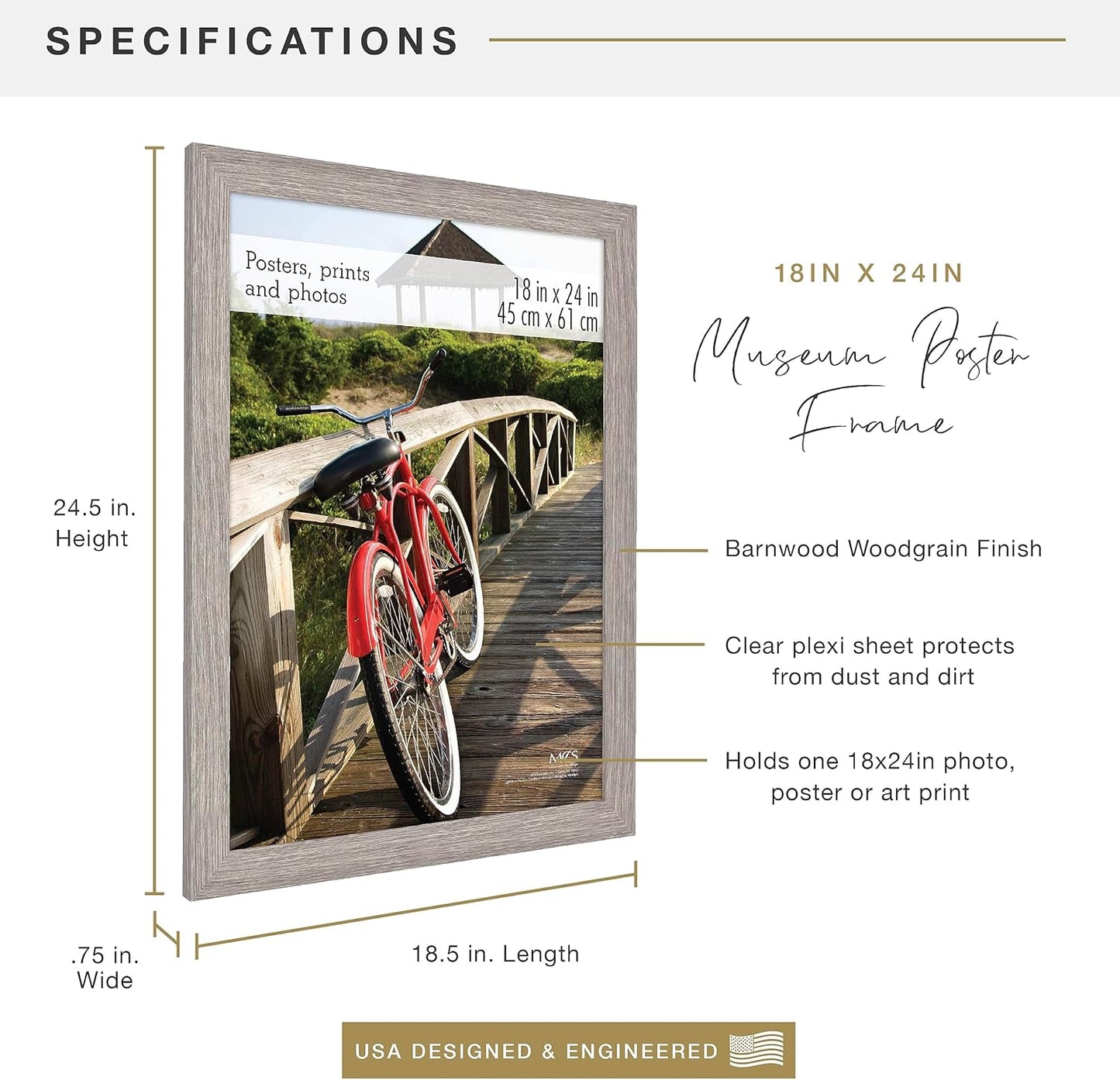 MCS Museum Poster Frame, 18x24, Barnwood | Museum Collection Poster Frame For Photos & Art Prints, Hangs Vertical Or