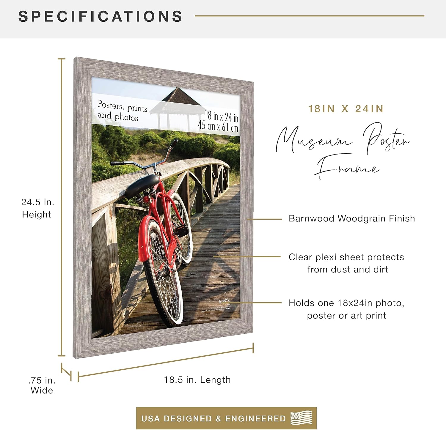 MCS Museum Poster Frame, 18x24, Barnwood | Museum Collection Poster Frame For Photos & Art Prints, Hangs Vertical Or
