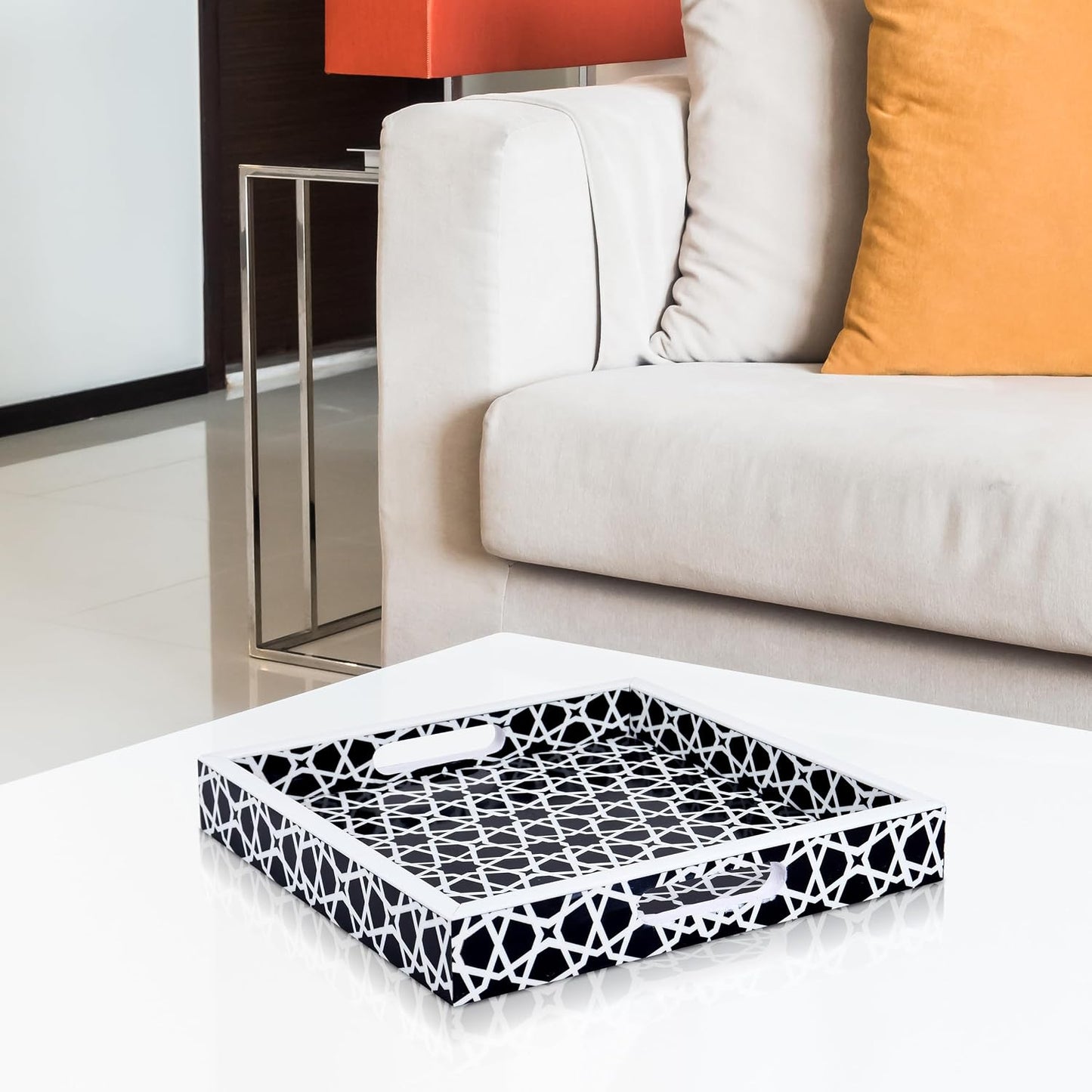 Ottoman Tray / White Zellij Pattern Decorative Tray / 12 x 12 x 2 / Zellij Petit / Black