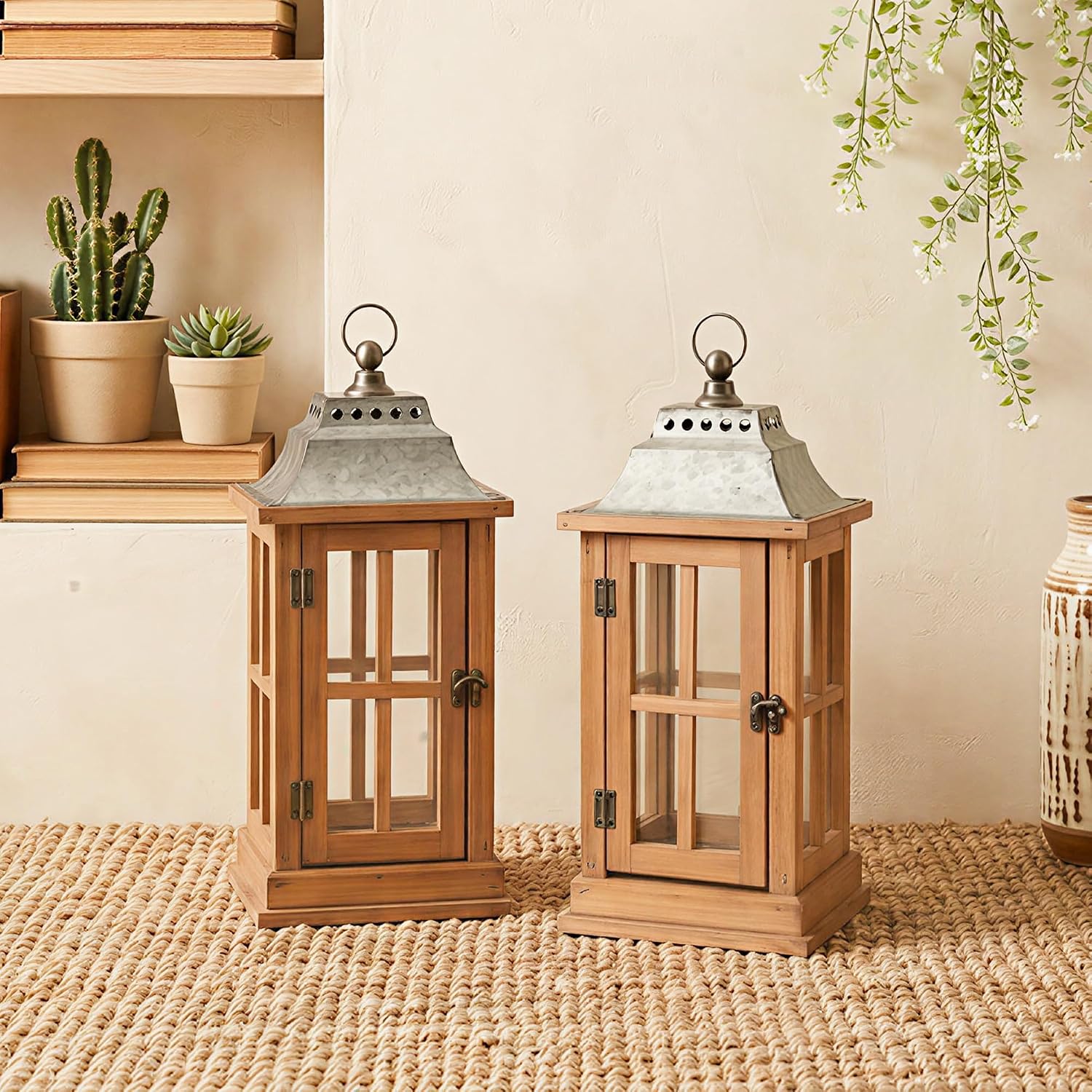 Bdor 15 Inch Outdoor Decorative Lanterns, Set of 2 Wooden Candle Lanterns | Tempered glass, galvanized tops, decorative