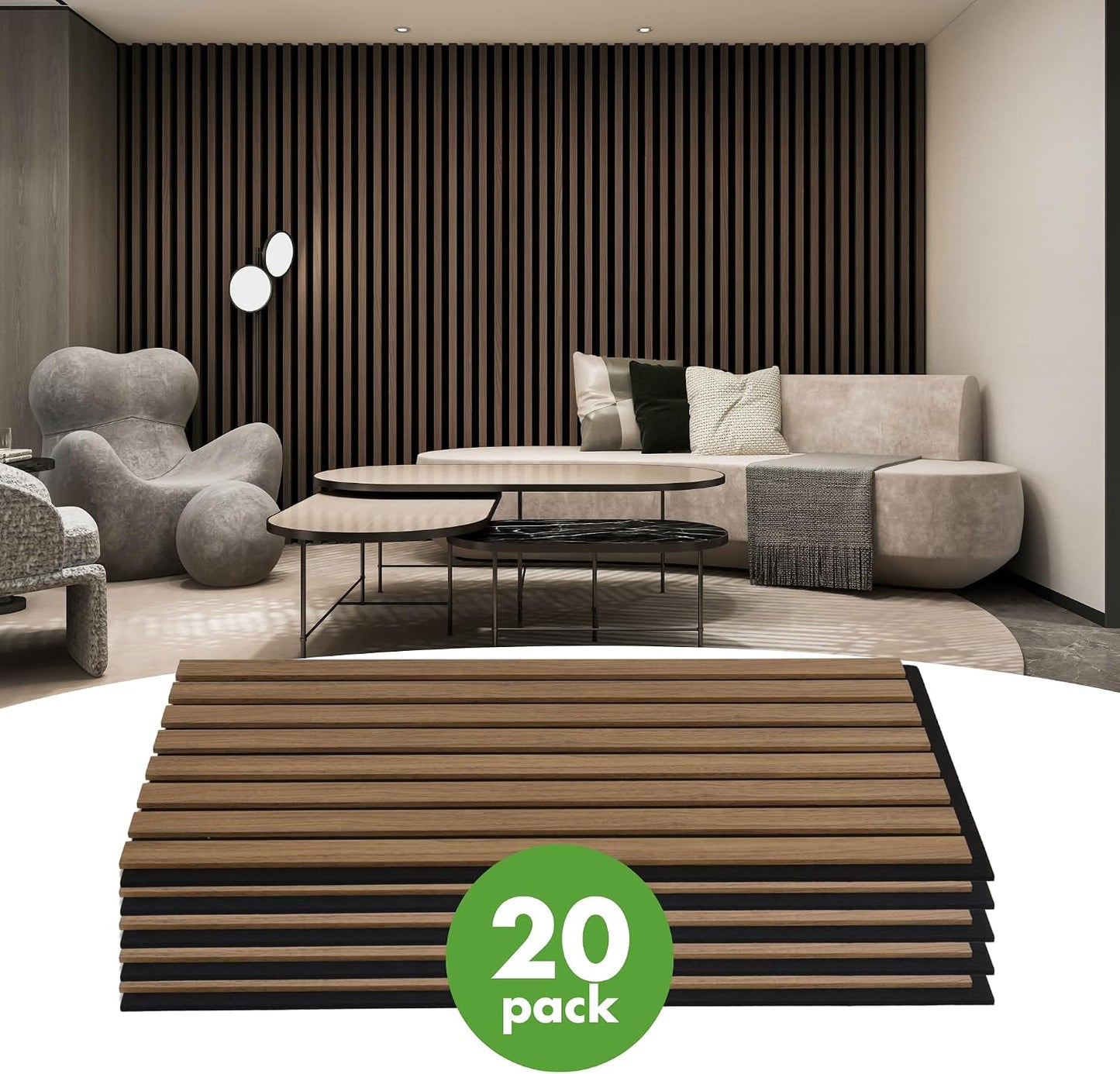 Soundproof Wood Slat Panels / Deep Walnut / 12 x 24 / Set of 20