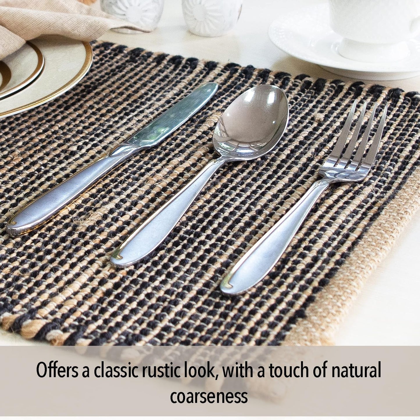 Natural Jute & Black Placemats, Set of 4 – Rustic Handmade Boho Table Mats, 13x19 Inch Dining Table Placemats for