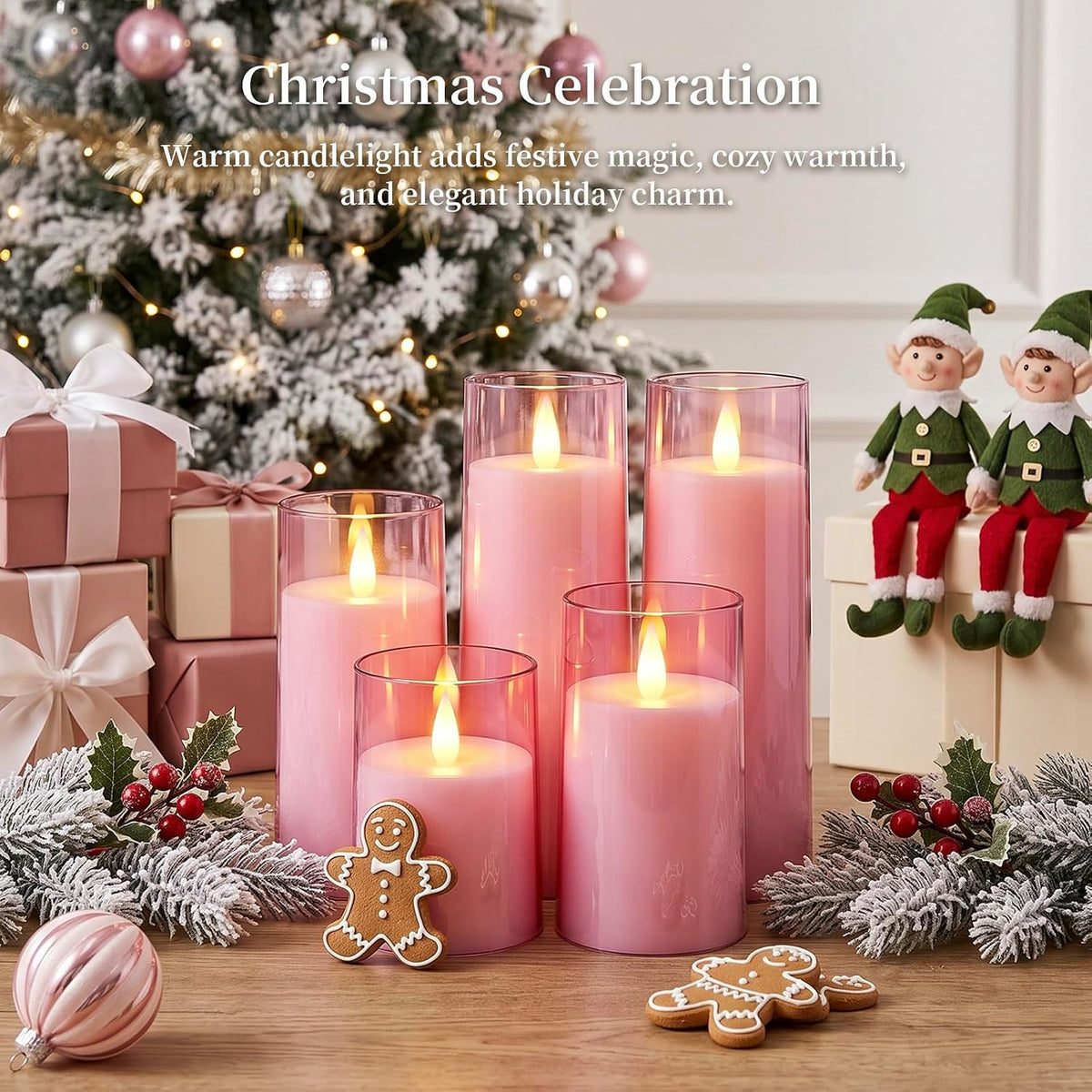 Homemory Realistic Flickering Flameless Pink Candles with Remote & Timer | LED Fake Electric Pillar Candles Battery