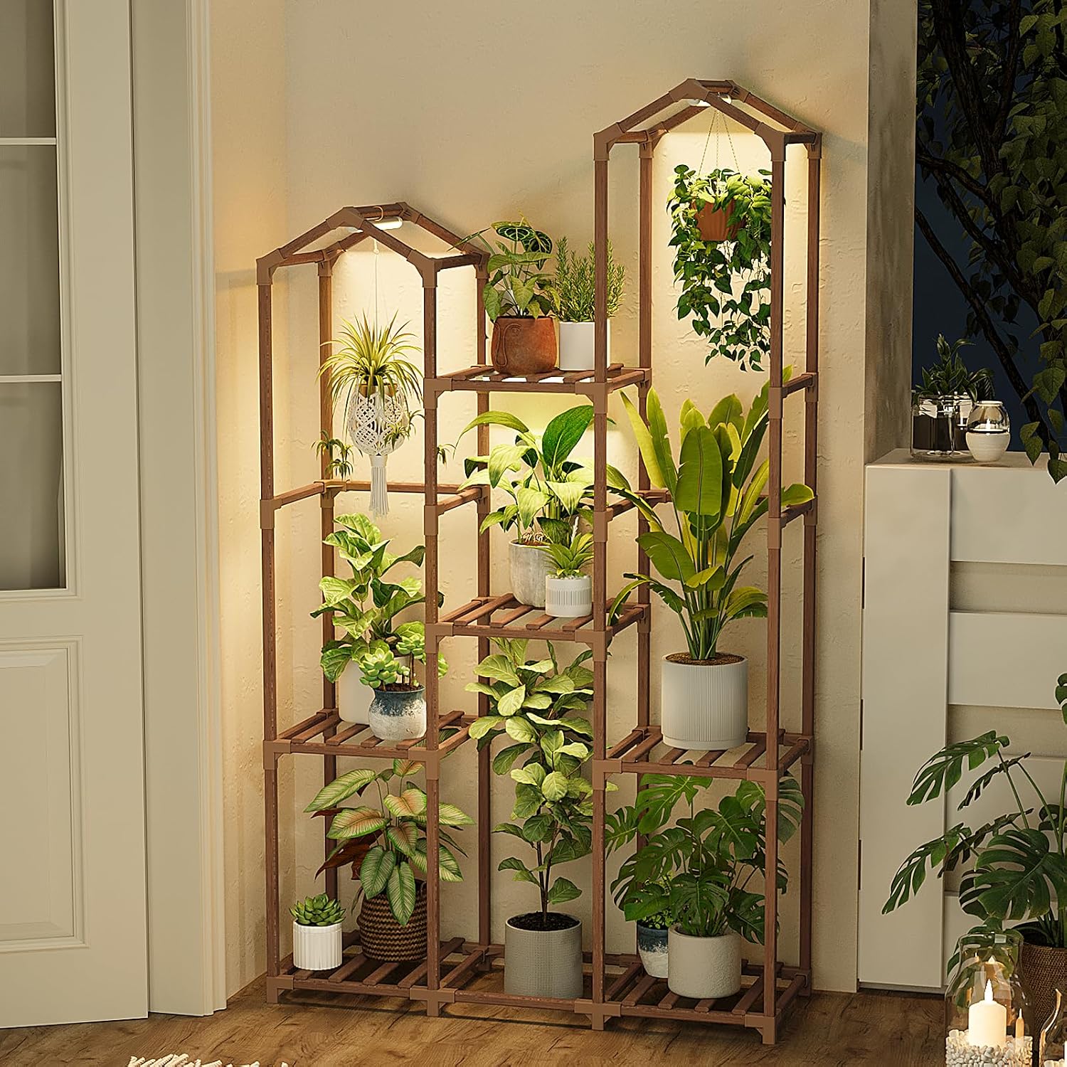 Bamworld Plant Stand with Grow Light Corner Plant Shelf Indoor with Lights Tall Plant Holder for Living Room Warm Light