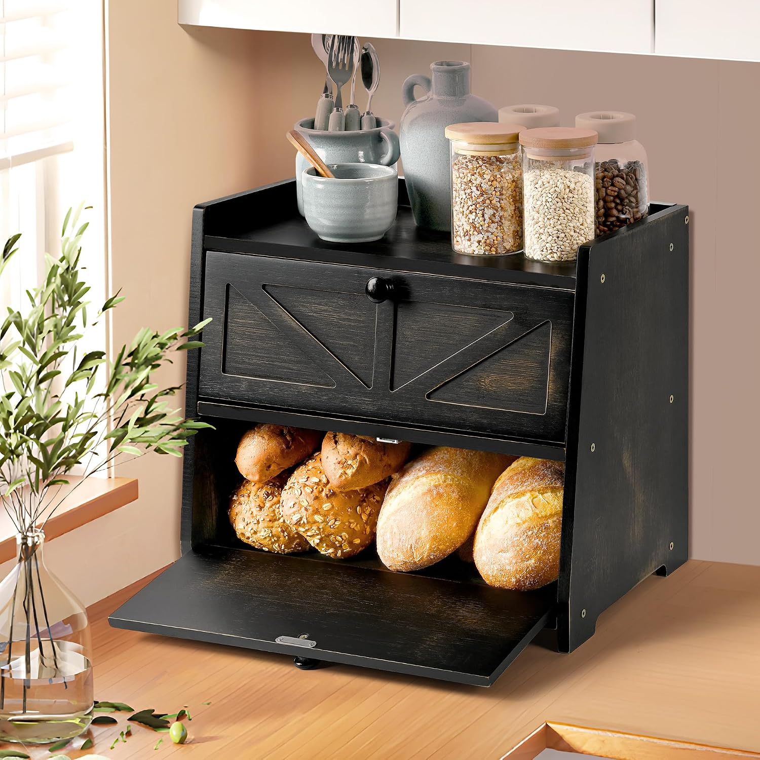 Bamboo Corner Bread Box for Kitchen Countertop 2-Tier Black | Farmhouse Bread Storage Container, Large Pantry