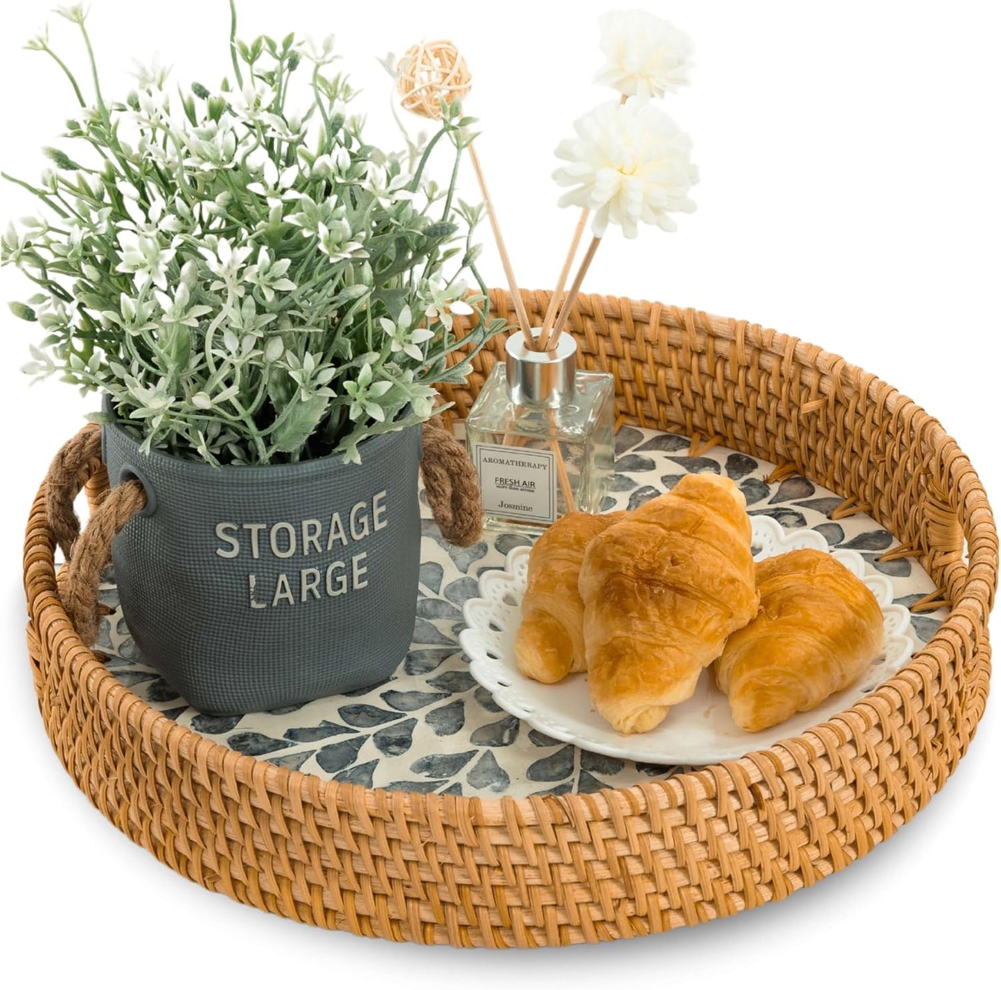 Round Rattan Tray / White- Black Leaves