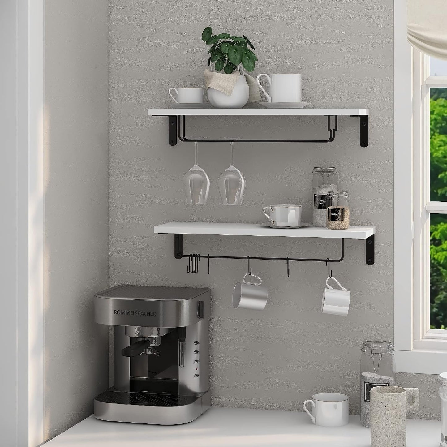 Afuly Coffee Bar Shelf, 20 Inch Coffee Mug Holder Wall Mount, White Shelves | Mug Shelf for Mugs & Glasses, Floating