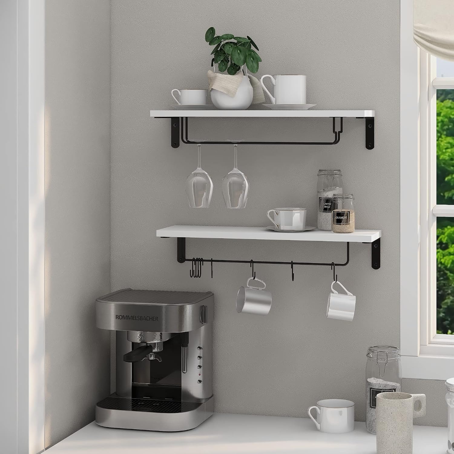 Afuly Coffee Bar Shelf, 20 Inch Coffee Mug Holder Wall Mount, White Shelves | Mug Shelf for Mugs & Glasses, Floating
