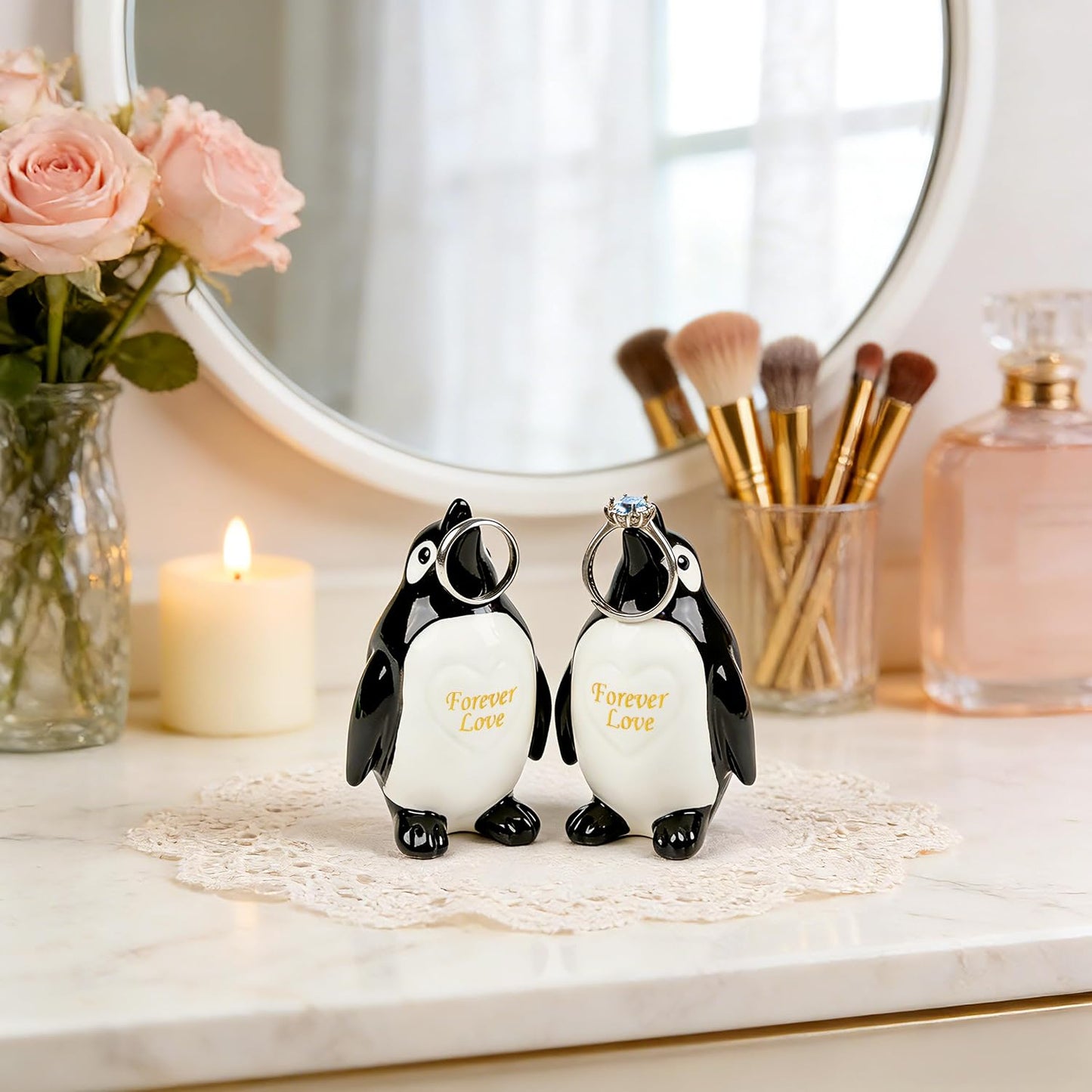 Ceramic Penguin Figurines Forever Love Anniversary Birthday / Set of 2