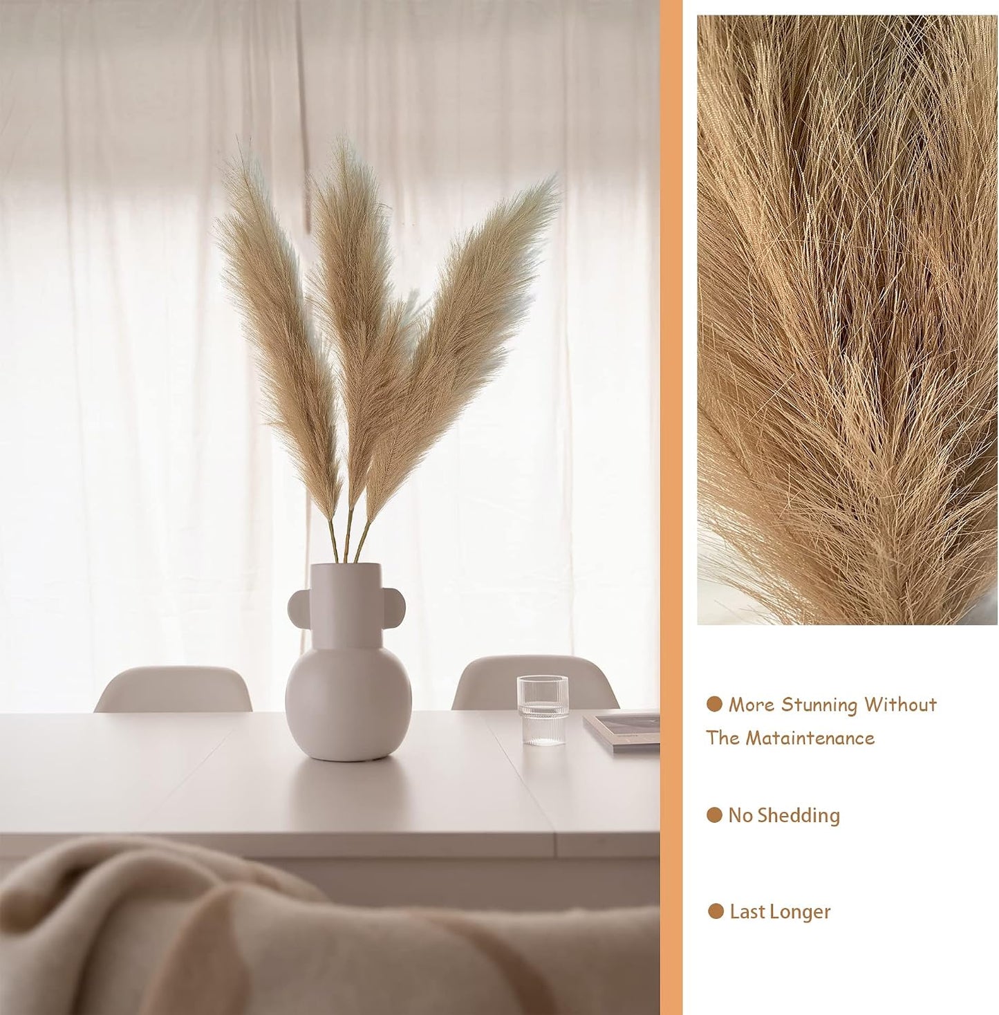 Artificial Faux Pampas Grass Large / Lightbrown / 120cm / / Set of 3