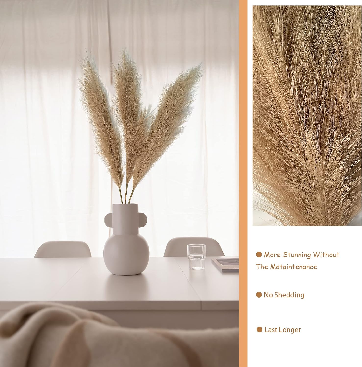 Artificial Faux Pampas Grass Large / Lightbrown / 120cm / / Set of 3
