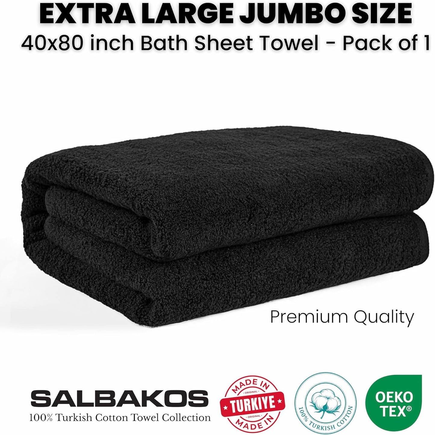 SALBAKOS Luxury 100% Turkish Cotton Bath Sheet 40x80 in (1-Piece, Black) | Extra Large Jumbo Oversized Bathroom and