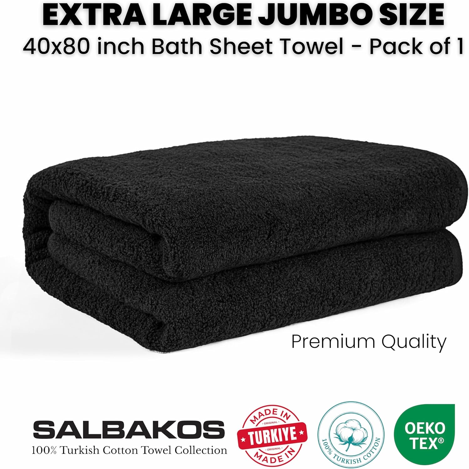SALBAKOS Luxury 100% Turkish Cotton Bath Sheet 40x80 in (1-Piece, Black) | Extra Large Jumbo Oversized Bathroom and