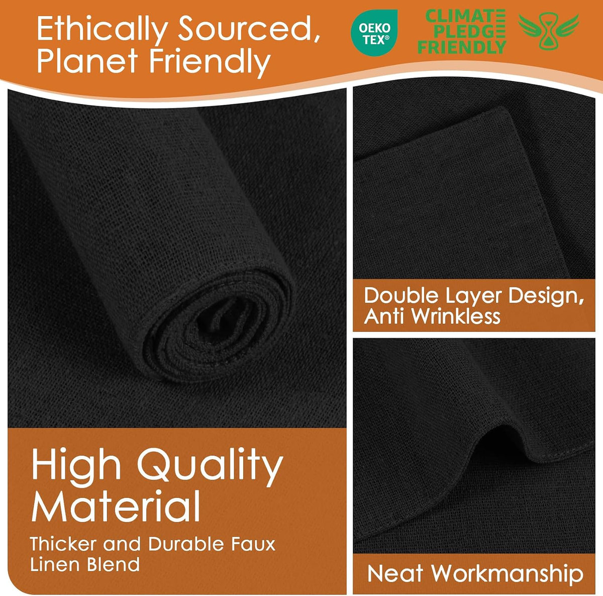 MANSPHIL Black Cloth Placemats Set of 6 Double Layer Thick Fabric Table Mats Faux Linen Place Mats Heat Resistant