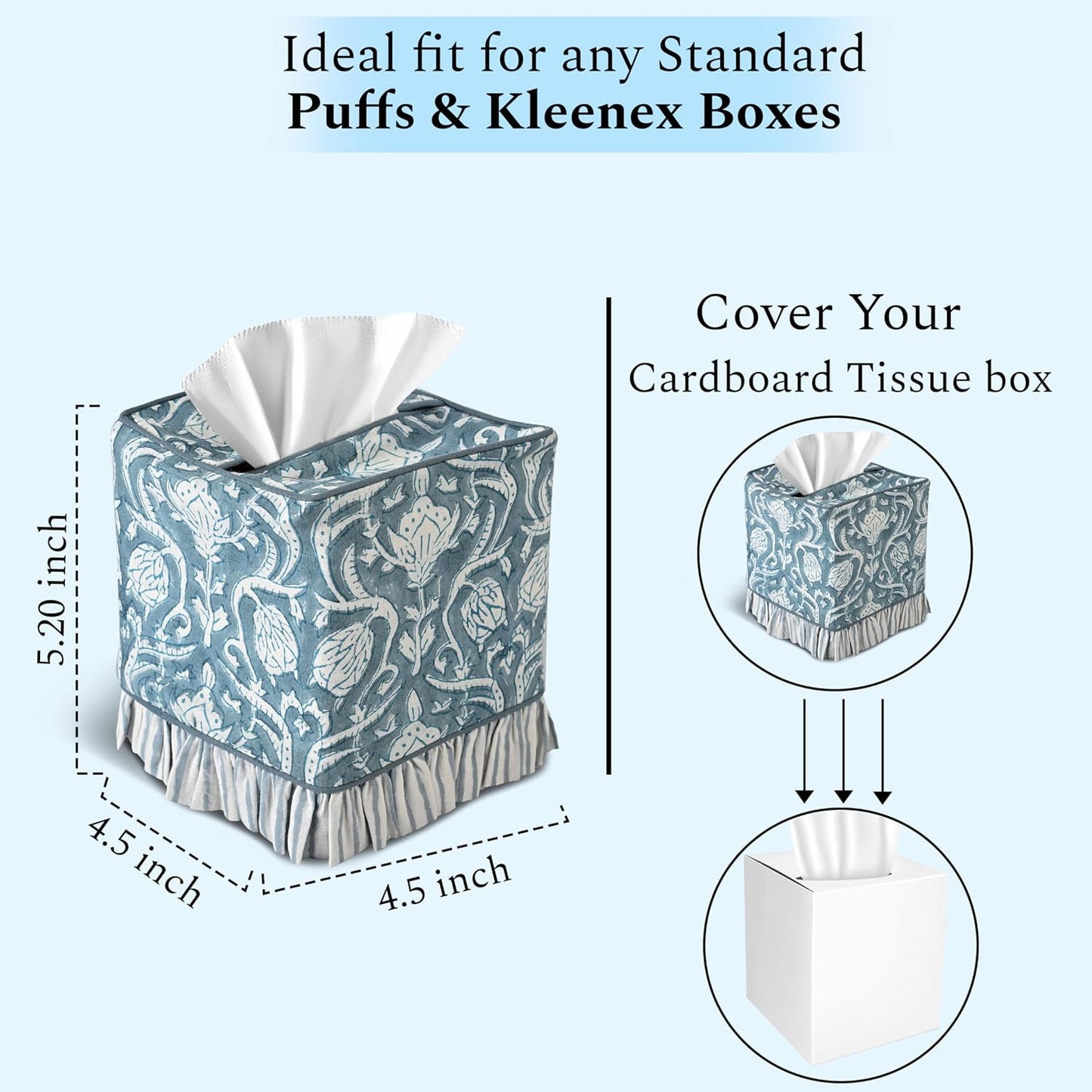 CPC Hand Block Print Cotton Ruffle Tissue Box Cover " Decorative / Azure Regal / 4.5 x 4.5 x 5