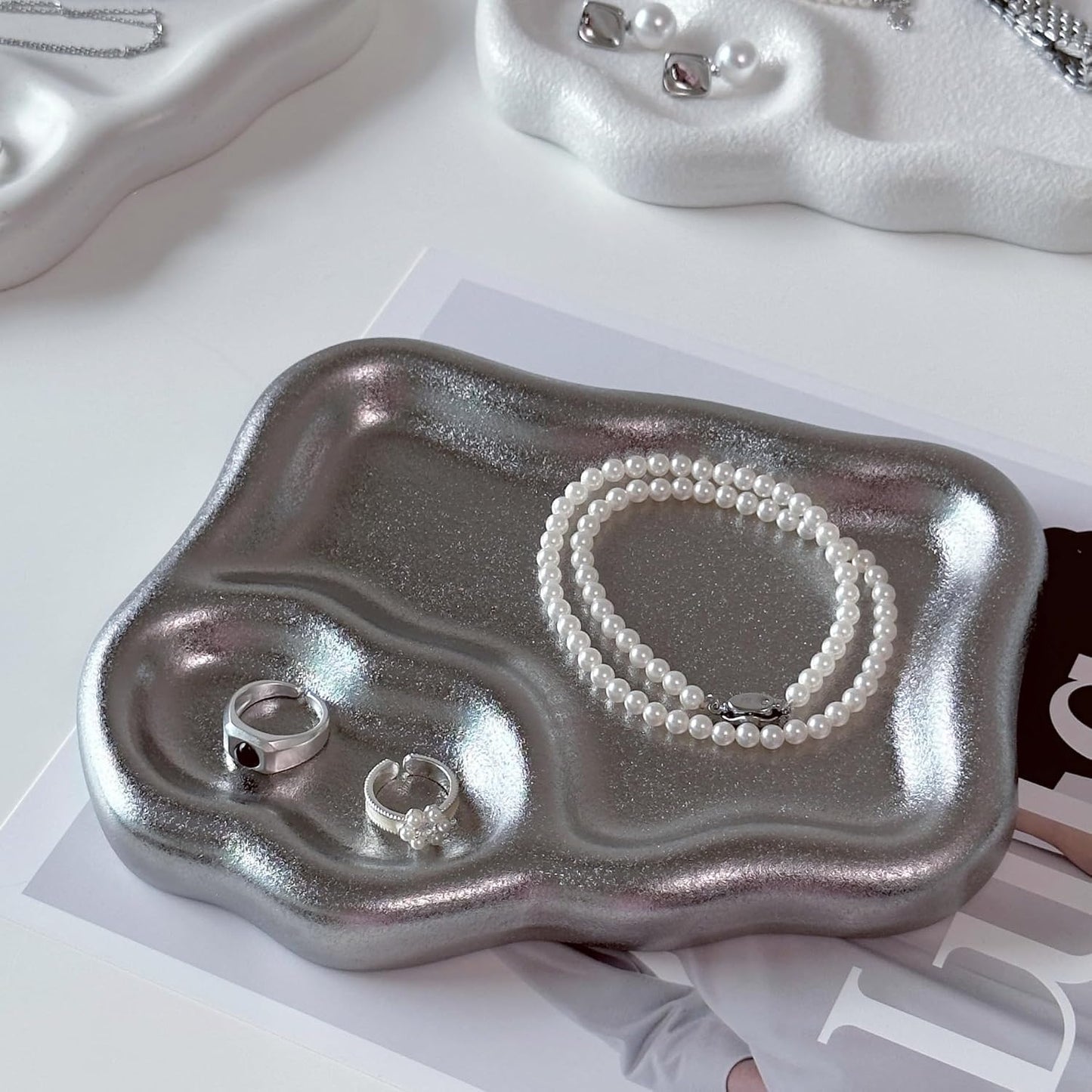Ceramic Jewelry Tray Dish Large-sized Display Organizer Trinket Watch Keys / Silver