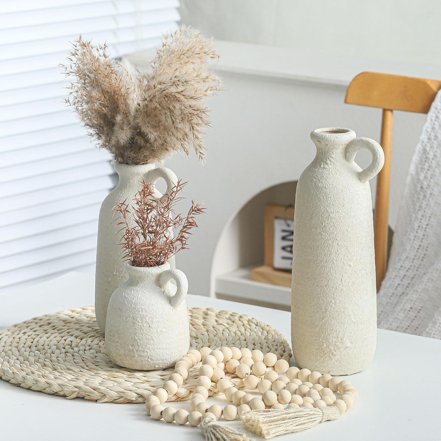 Ceramic Vase / 010 Vase Set with Handle - White / Set of 3