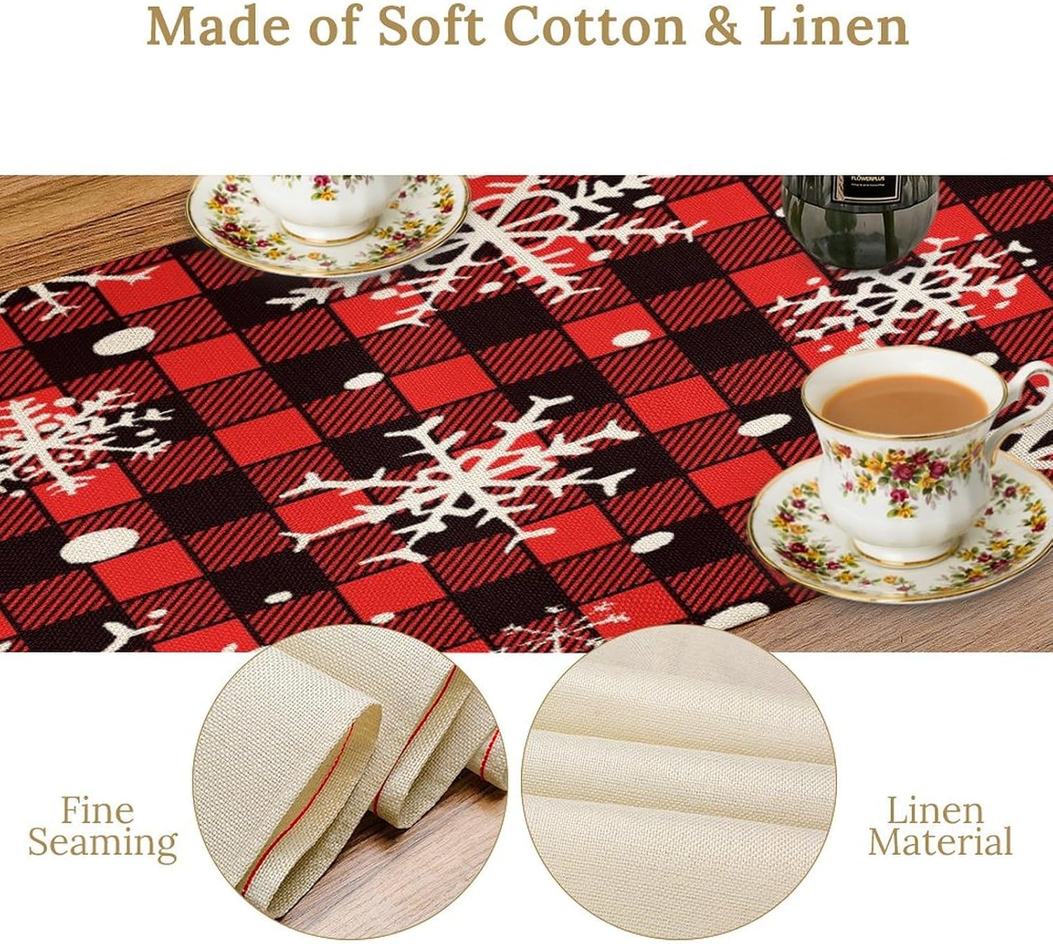Xmas Linen Table Runner, Red and Black Buffalo Plaid Snowflake Merry Christmas Holiday Farmhouse Patterns Printed Linen