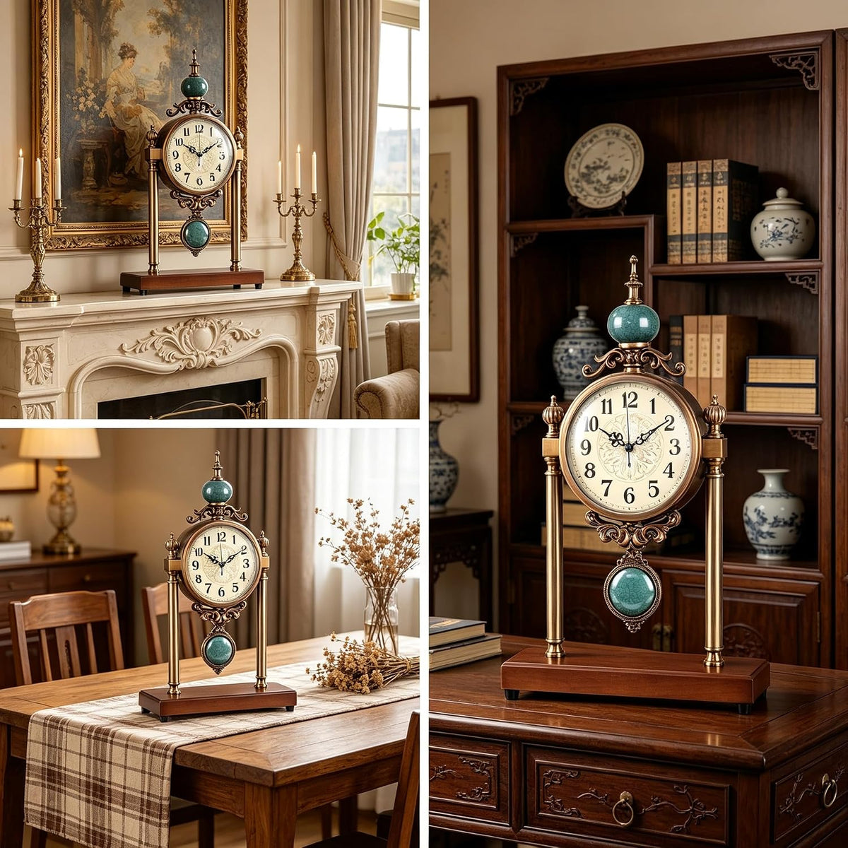 Vintage Mantel Clock, Silent Non-Ticking Table Clock with Pendulum, Luxury Metal & Wood Desk Clock for Living Room