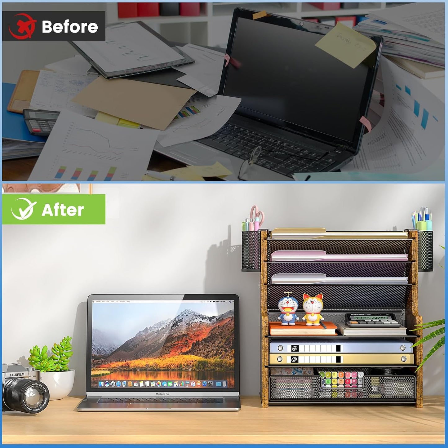 DAOUTIME 6-Tier Mesh Desk Organizer with Drawer, Wooden Office Organizer for Papers, Folders & Office Supplies - Sturdy