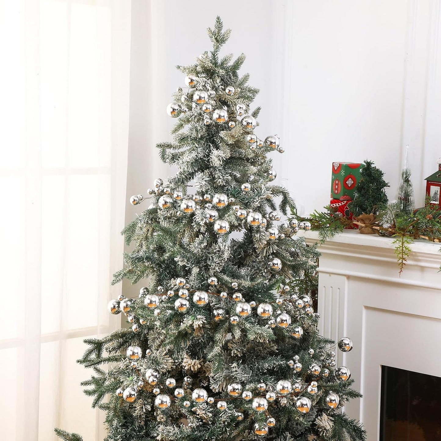 2 Pcs 6 ft Christmas Ball Ornament Garland, Silver | Bauble Bulb Christmas Tree Ball Decoration Shatterproof Ornaments