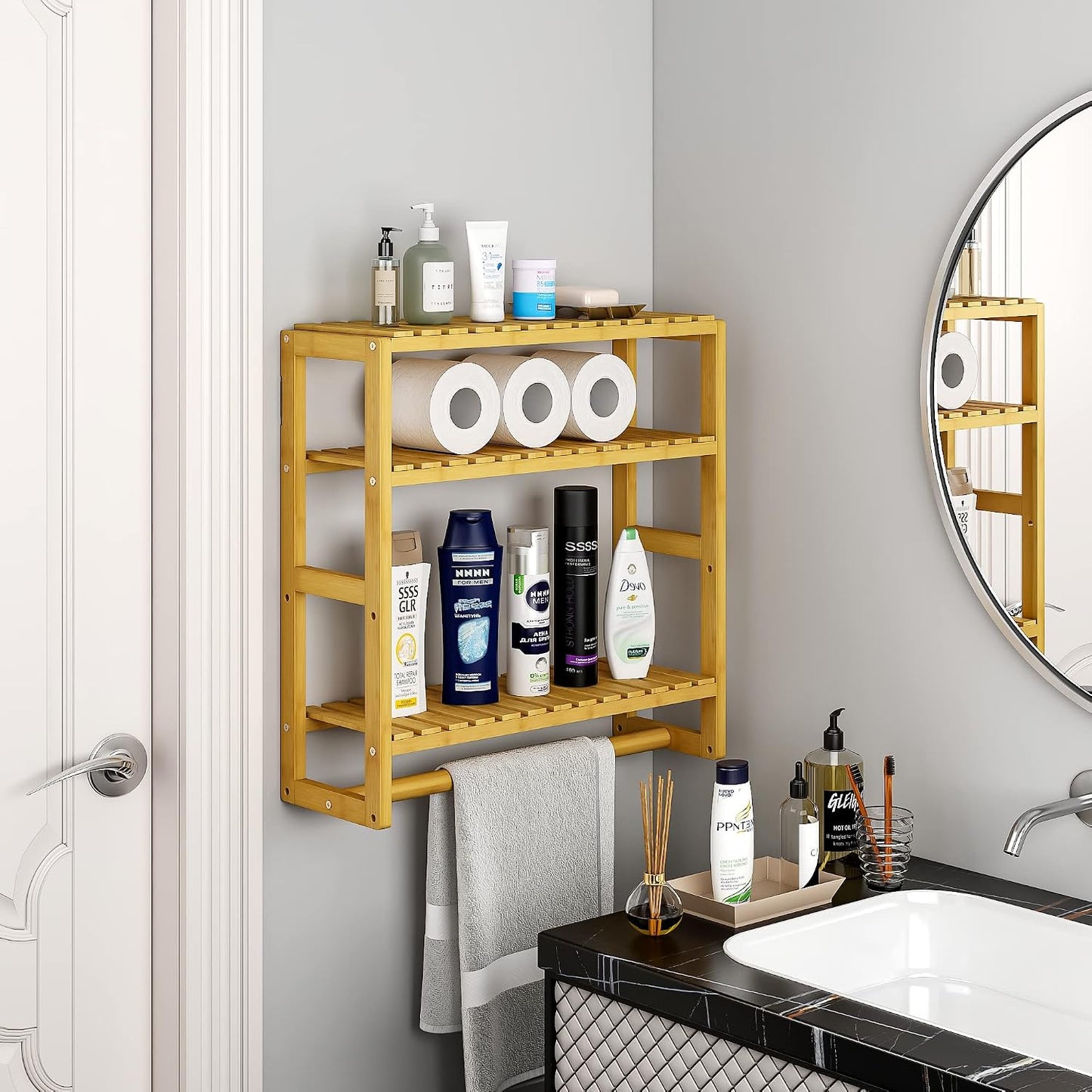 Galood Over The Toilet Storage Bathroom Shelves Wall Mounted Yellow | 3 Tier Space Saver Corner Shelf Organizer Bamboo