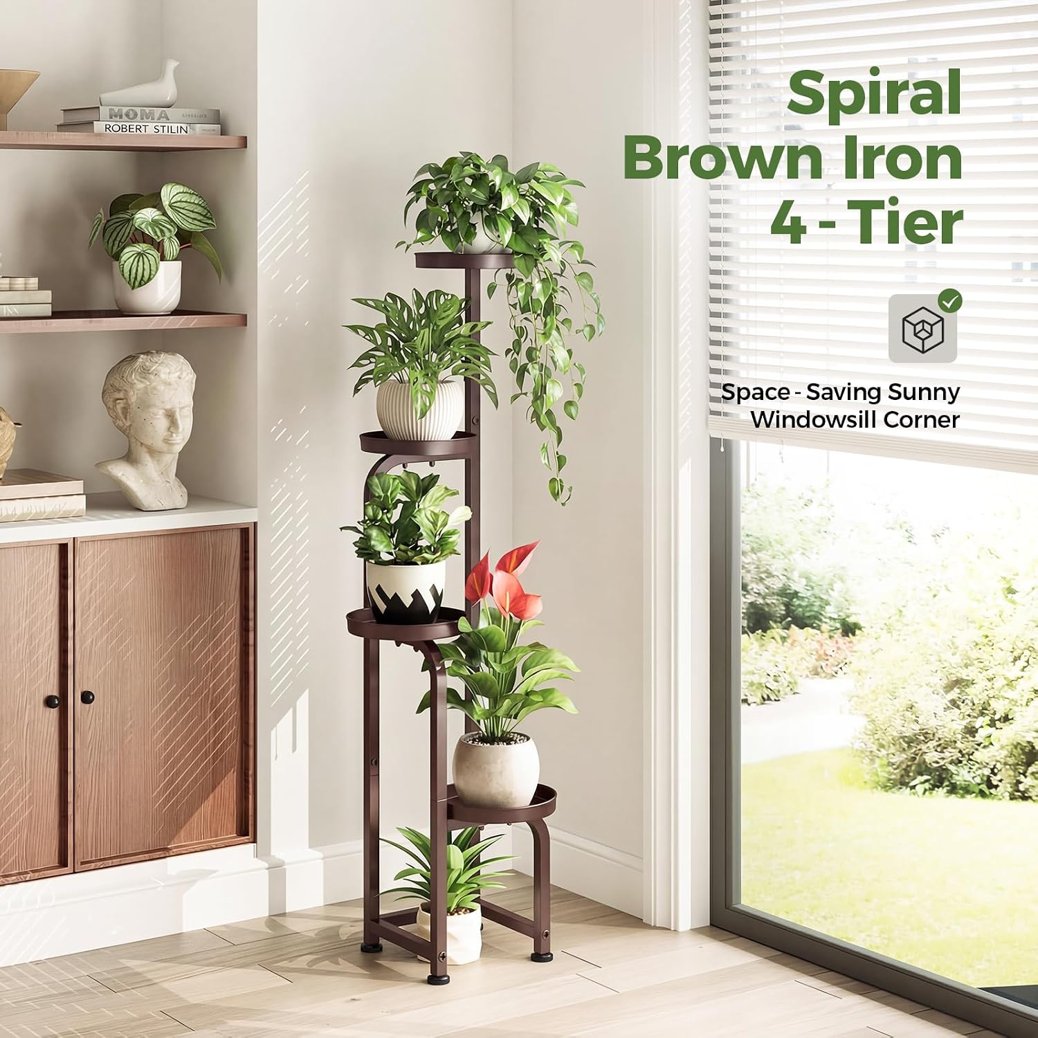 Bamworld Corner Plant Stand Indoor Outdoor Tall Metal Flower Pot Stands | 4 Tier Brown Heavy Duty Plant Shelf for