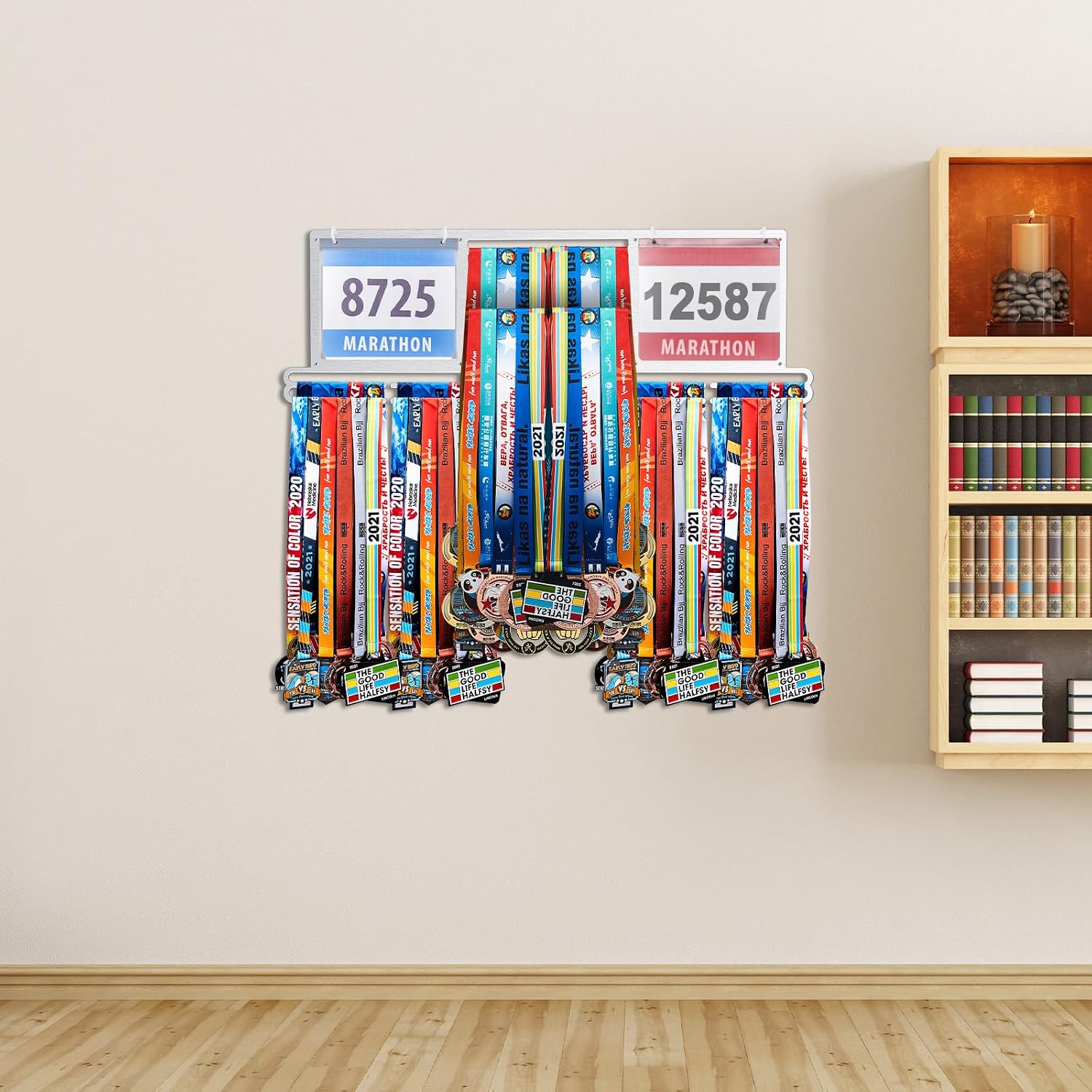 Race Bib and Medal Display Hanger, Metal Rack Holder Wall Mounted Award Rack for Runners, Displays Over 100 Medals and