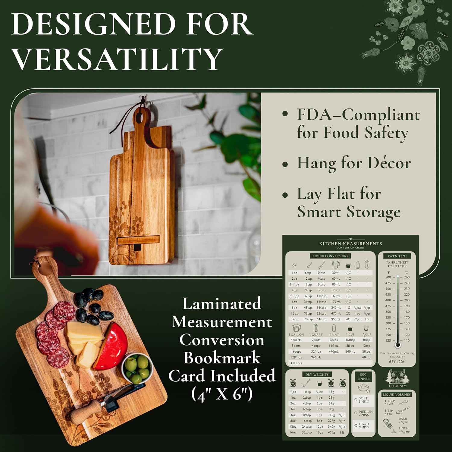 Wooden Cookbook Stand for Kitchen Counter - Reversible Recipe Book Holder with Cooking Measurement Conversion Card