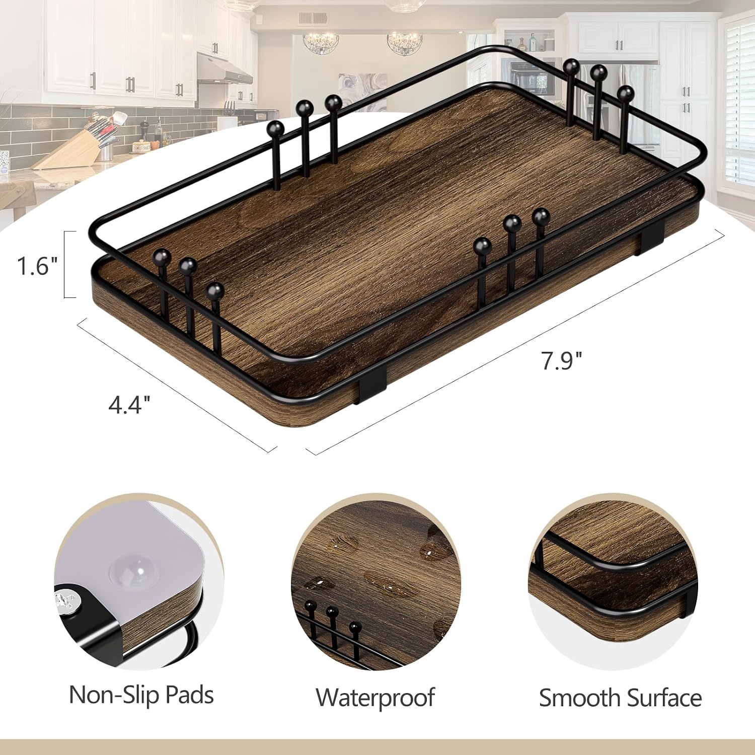 Kitchen Tray for Soap Dispenser Spice Salt / 7.9 x 4.4 x 1.6 / Brown + Black