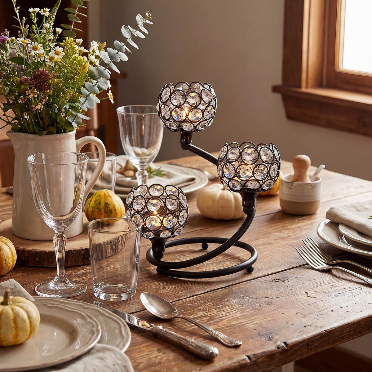 Metal Crystal Candle Holder -Bling Elegant 3-Arm Metal Tea Light Centerpiece with Shining Crystal Bowl, Wedding
