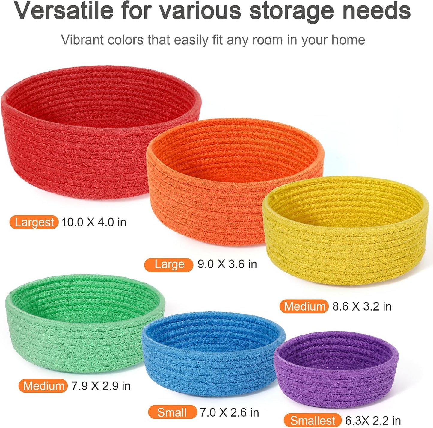 Woven Storage Baskets for Organizing / Rainbow / Set of 6
