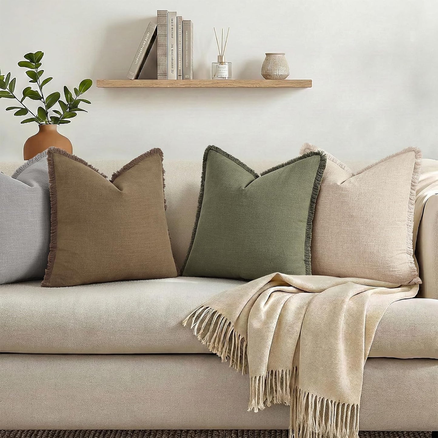 Summer Decorative Neutral Linen Fringe Throw Pillow Covers Pillow / Light Brown / 18 x 18 / Set of 2