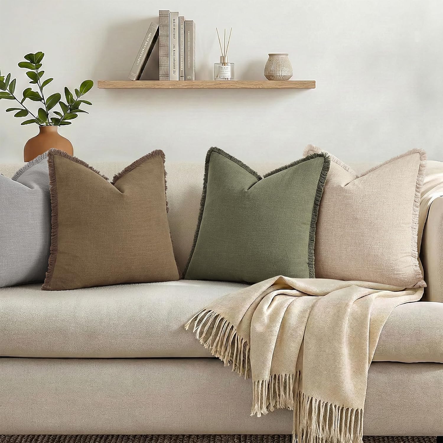 Summer Decorative Neutral Linen Fringe Throw Pillow Covers Pillow / Light Brown / 18 x 18 / Set of 2