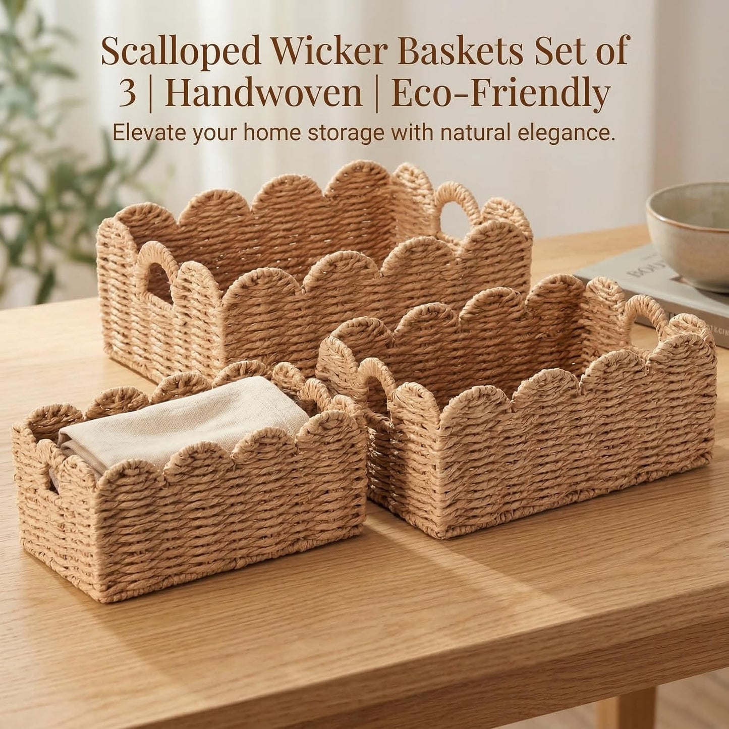 Scalloped Wicker Baskets / Tan / Set of 3