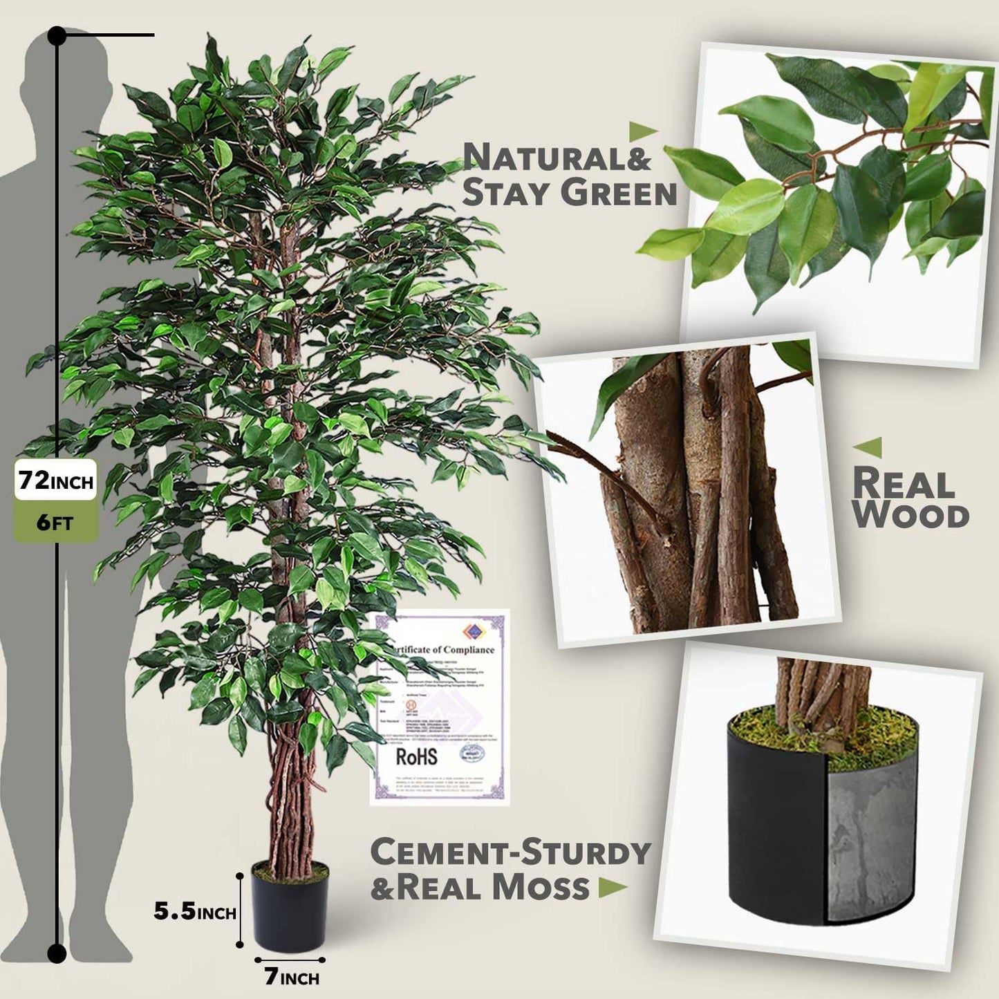 Feet Faux Plant Fake Silk Trees / Ficus Tree / 6ft / 6 Inch