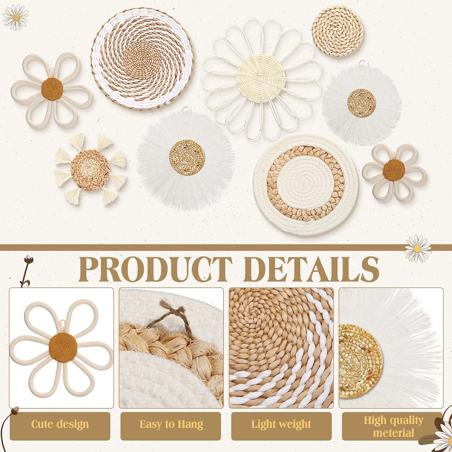 Boho Nursery Wall Decor Daisy Flower Woven Macrame Seagrass Rattan Basket Wall / White / Set of 9